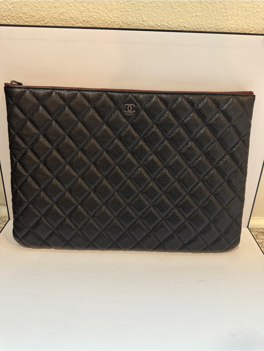 Chanel Large O-Case Black Caviar Leather Quilted Zip Pouch Burgundy Interior